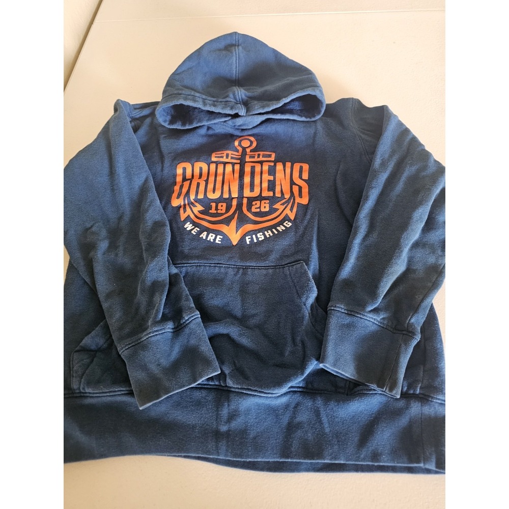 Grundens Youth Hoodie Size 14 Blue Orange‎ Anchor Fishing Pullover Sweatshirt